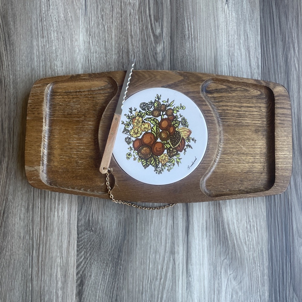 Vintage‎ Goodwood Teak Cheese Board Ceramic Tile Fruit Nut Knife Made in Japan